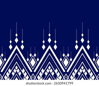 A bold tribal-inspired geometric pattern featuring layered triangular peaks and suspended diamond shapes in white on deep navy blue.