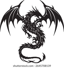 A bold tribal-style dragon tattoo design in pure black ink, with sharp wings, curled tail, and spiked body, symmetrical and isolated on a white background