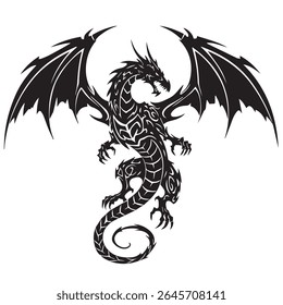 A bold tribal-style dragon tattoo design in pure black ink, with sharp wings, curled tail, and spiked body, symmetrical and isolated on a white background
