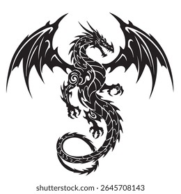 A bold tribal-style dragon tattoo design in pure black ink, with sharp wings, curled tail, and spiked body, symmetrical and isolated on a white background