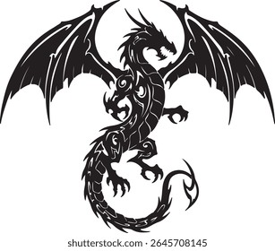 A bold tribal-style dragon tattoo design in pure black ink, with sharp wings, curled tail, and spiked body, symmetrical and isolated on a white background