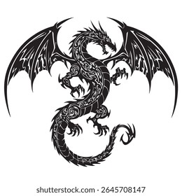 A bold tribal-style dragon tattoo design in pure black ink, with sharp wings, curled tail, and spiked body, symmetrical and isolated on a white background