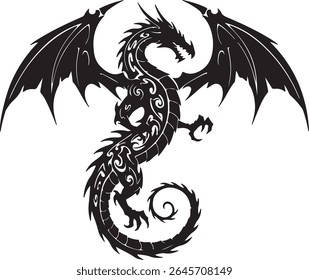 A bold tribal-style dragon tattoo design in pure black ink, with sharp wings, curled tail, and spiked body, symmetrical and isolated on a white background
