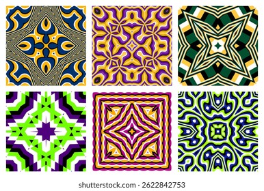 Bold trippy tiles with warped geometry and pop colors. Ideal for poster design, wrapping paper, and funky branding.