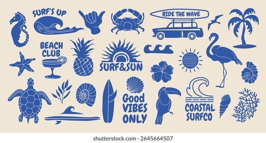 Vetor de praia tropical ousado definido com pranchas de surfe, palmeiras, ondas, flamingos, conchas e citações de verão. Estilo de plano gráfico. Perfeito para camisetas, cartazes, adesivos e desenhos de verão.
