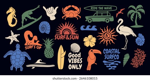 Bold tropical beach vector set with surfboards, palm trees, waves, flamingos, seashells, and summer quotes. Graphic flat style. Perfect for t-shirts, posters, stickers, and summer designs.	