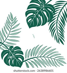 Bold tropical border using monstera and palm leaves in bright green clean flat shapes white background optimized for design stock websites