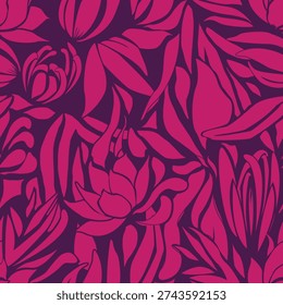 Bold tropical floral seamless pattern with vibrant magenta leaves and flowers for textile print for fabric, seamless pattern