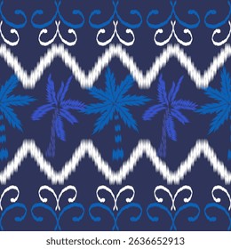 Bold tropical ikat pattern. Striking palm tree motifs in deep blue. zigzag background. Idea for beachwear, vacation themed product, modern textile collections with ethnic twist.