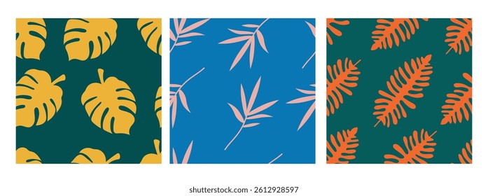 Bold Tropical Leaf Seamless Pattern set. Set of three vibrant tropical leaf patterns with bold colors and striking designs, featuring monstera and palm leaves in contrasting backgrounds