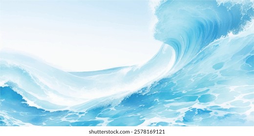 "Bold Tropical Ocean Waves in Soft Abstract Watercolor, Showcasing Fluid Blue Tsunami Waves with White Layered Water Splashes in Cartoon Style, Creating a Relaxing and Dreamlike Ocean Background"
