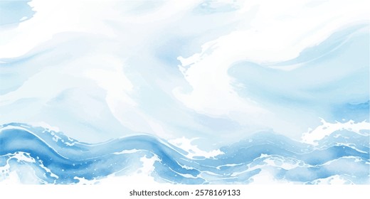 "Bold Tropical Ocean Waves in Soft Abstract Watercolor, Showcasing Fluid Blue Tsunami Waves with White Layered Water Splashes in Cartoon Style, Creating a Relaxing and Dreamlike Ocean Background"
