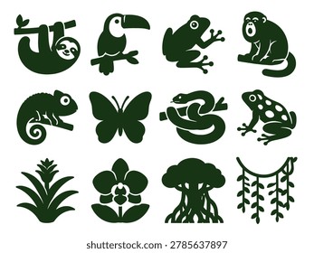 Bold Tropical Rainforest Icon Set with Sloth Toucan Tree Frog Monkey Chameleon Snake Orchid and Lianas Symbols