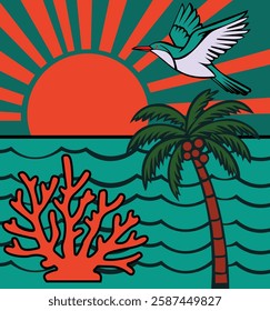 Bold tropical scene: bird, sun, palm, sea, and coral. Vibrant, graphic, and colorful design for summery projects.
