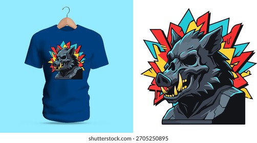 Um design de camiseta arrojada exibindo uma cabeça de lobo feroz que se rompe por fragmentos de néon com ângulos nítidos, contornos vívidos, acentos brilhantes e detalhes de arcos poderosos. A paleta dramática