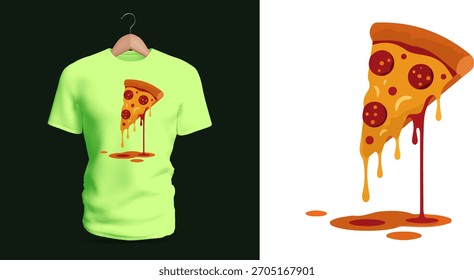 Um design arrojado de camiseta mostrando uma única fatia de pizza pingando longas cordas de queijo derretido no chão. As coberturas de pepperoni, tons alaranjados quentes, e efeito de derretimento exagerado gooey criar um humoro