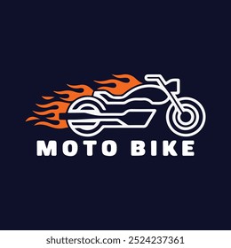 a bold t-shirt logo featuring the outline of a custom moto bike with flames shooting from its exhaust.