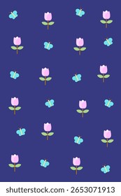 Fette Tulpe und Schmetterling nahtloses Muster auf dunkelblauem Hintergrund. Perfekt für auffällige Tapeten, Modedrucke oder stimmungsvolle botanische Verpackungen.