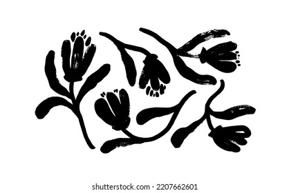 Bold tulips vector collection. Hand drawn ink drawing flower elements. Wild and meadow flowers illustration. Naive drawing style. Abstract hand drawn tulips isolated on white background. 