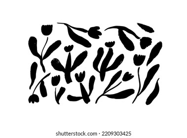 Bold tulips vector collection. Hand drawn ink drawing flower elements. Wild and meadow flowers illustration. Naive drawing style. Abstract hand drawn tulips isolated on white background. 