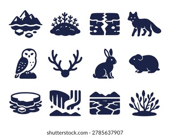 Bold Tundra and Arctic Icon Set with Snowy Mountain Fox Owl Antlers Hare Glacier Cracked Ice and Permafrost Symbols