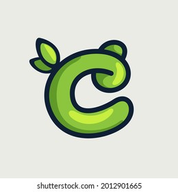 Audaz retorcido logotipo C de letra eco-amistosa, dibujado a mano con un marcador. El tipo de letra vectorial verde es perfecto para tu proyecto botánico, infografía de basura cero o afiche de estilo de la naturaleza.