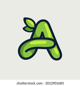 Letra audaz retorcida y respetuosa con el medio ambiente Logotipo A, dibujado a mano por un marcador. El tipo de letra vectorial verde es perfecto para tu proyecto botánico, infografía de basura cero o afiche de estilo de la naturaleza.