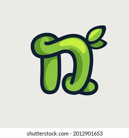 Bold twisted eco-friendly letter N logo, hand-drawn by a marker. Green vector font is perfect for your Botanics project, zero waste infographic, or nature's style poster.