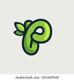 Bold twisted eco-friendly letter P logo, hand-drawn by a marker. Green vector font is perfect for your Botanics project, zero waste infographic, or nature's style poster.