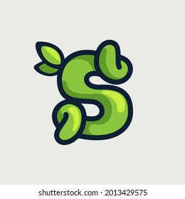 Bold twisted eco-friendly letter S logo, hand-drawn by a marker. Green vector font is perfect for your Botanics project, zero waste infographic, or nature's style poster.