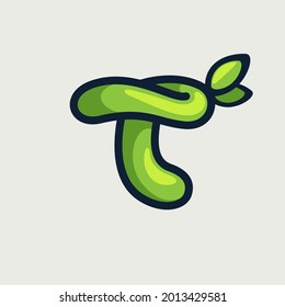 Bold twisted eco-friendly letter T logo, hand-drawn by a marker. Green vector font is perfect for your Botanics project, zero waste infographic, or nature's style poster.