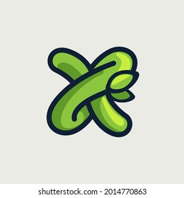 Audaz retorcido logotipo X de letra ecológica, dibujado a mano con un marcador. El tipo de letra vectorial verde es perfecto para tu proyecto botánico, infografía de basura cero o afiche de estilo de la naturaleza.
