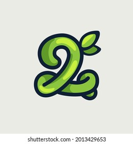 Bold twisted eco-friendly number two logo, hand-drawn by a marker. Green vector font is perfect for your Botanics project, zero waste infographic, or nature's style poster.