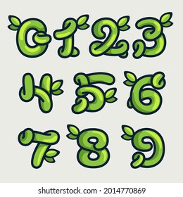 Bold twisted eco-friendly numbers set, hand-drawn by a marker. Green vector font is perfect for your Botanics logo,  zero waste infographic, or nature's style poster.