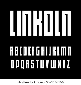 Bold typeface with inside serif, condensed uppercase font, geometrical latin alphabet, title case letter set, narrow serif, vector white letters on black background.