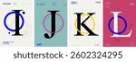 A bold typographic composition of the letters I, J, K, and L features clean vector lines, geometric circles, modular grids, and vivid background colors in a modern minimalist design layout.