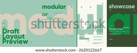 Bold typographic poster design series for 2026 with editorial layout styles, oversized titles, minimal color blocks, and structured text compositions for modern design use.