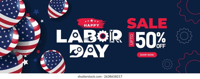 Bold typography and festive colors make this Labor Day sale banner stand out. Featuring USA colors and patriotic accents perfect for marketing and digital advertising