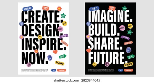 Bold typography poster collection featuring motivational lettering editorial layouts and colorful graphic stickers for branding publications marketing presentations and contemporary print design inspiration resources