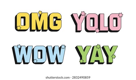 Bold typography sticker collection featuring OMG, YOLO, WOW and YAY expressions with colorful letters, star accents and playful graphic lettering