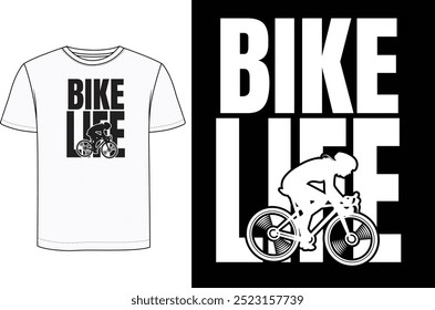 A bold typography T-shirt design featuring the phrase 'Bike Life.' Use dynamic, modern fonts with a sleek design.