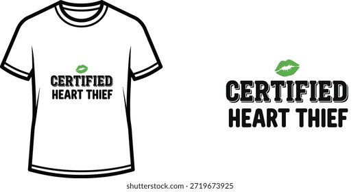 Design de t-shirt tipográfica arrojado com o texto "Certified Heart Thief" e um pequeno ícone de lábios verdes. Este design simples e minimalista é adequado para produtos impressos sob demanda, vestuário, mercadorias e como um presente para um ente querido.