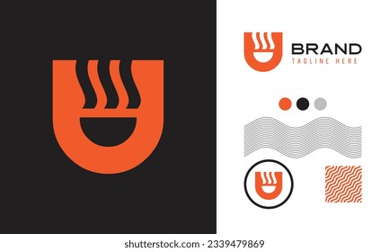 bold U letter logo using wave shape suitable for sports, food, coffee brands with logo variations and pattern for branding designs