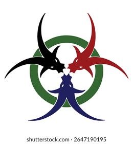 Bold and unique emblem featuring three stylized dragon heads in black, red, and blue, arranged in a dynamic circular formation with a green ring. This powerful tribal inspired illustration is perfect