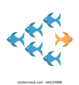 Bold Unique Gold Fish Standing Out From Crowd Of Many Blue Ones And Moving In Opposite Way. Being Different, Courage And Risk Concept. Flat Design. Vector Illustration. EPS 8, No Transparency