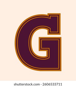 Bold uppercase letter G in dark maroon with orange and red outlines, retro graphic style on light beige background. Concept of vintage alphabet design. Vector illustration