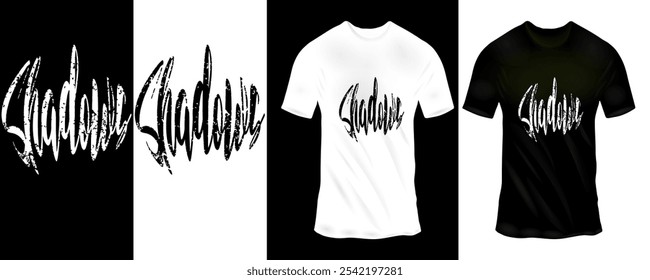 Bold Urban 'Shadow' Text Design T-Shirt em Preto e Branco com Grunge Brush Script para estilo de rua Edgy