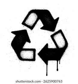 bold urban style recycling symbol in black and white, created with a graffiti spray paint effect.