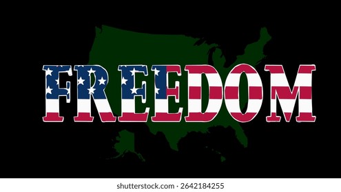 Bold USA FREEDOM typography over dark map silhouette, perfect for patriotic posters and shirt designs.