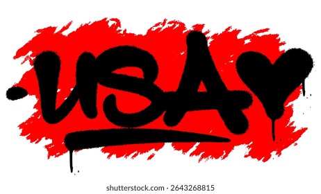 Bold USA graffiti tag in black with spray paint effect over red background. Strong urban style for gritty patriotic art and modern American design.